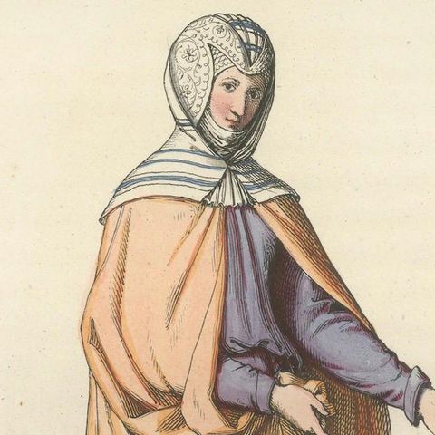 Medieval Costume Print 1845, Noblewoman in Peach and Lavender Robes, close-up 5