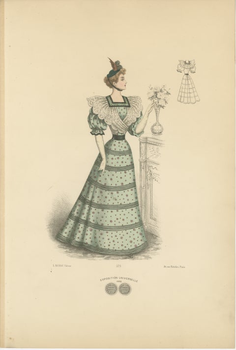 Victorian Day Elegance: Fashionable Gowns in Lithograph Published in 1889, view 2