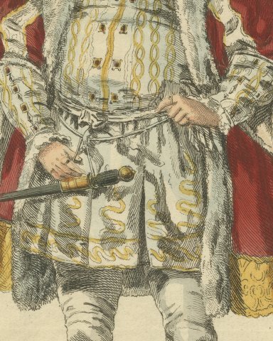 Habit of King Henry VIII in 1520, Hand Colored Jefferys Costume Plate, 1757, close-up 2