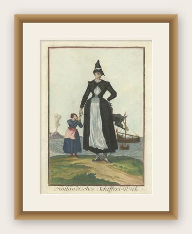 Copperplate Engraving of a Dutch Seaman’s Wife in Traditional Costume, 1703, shown framed
