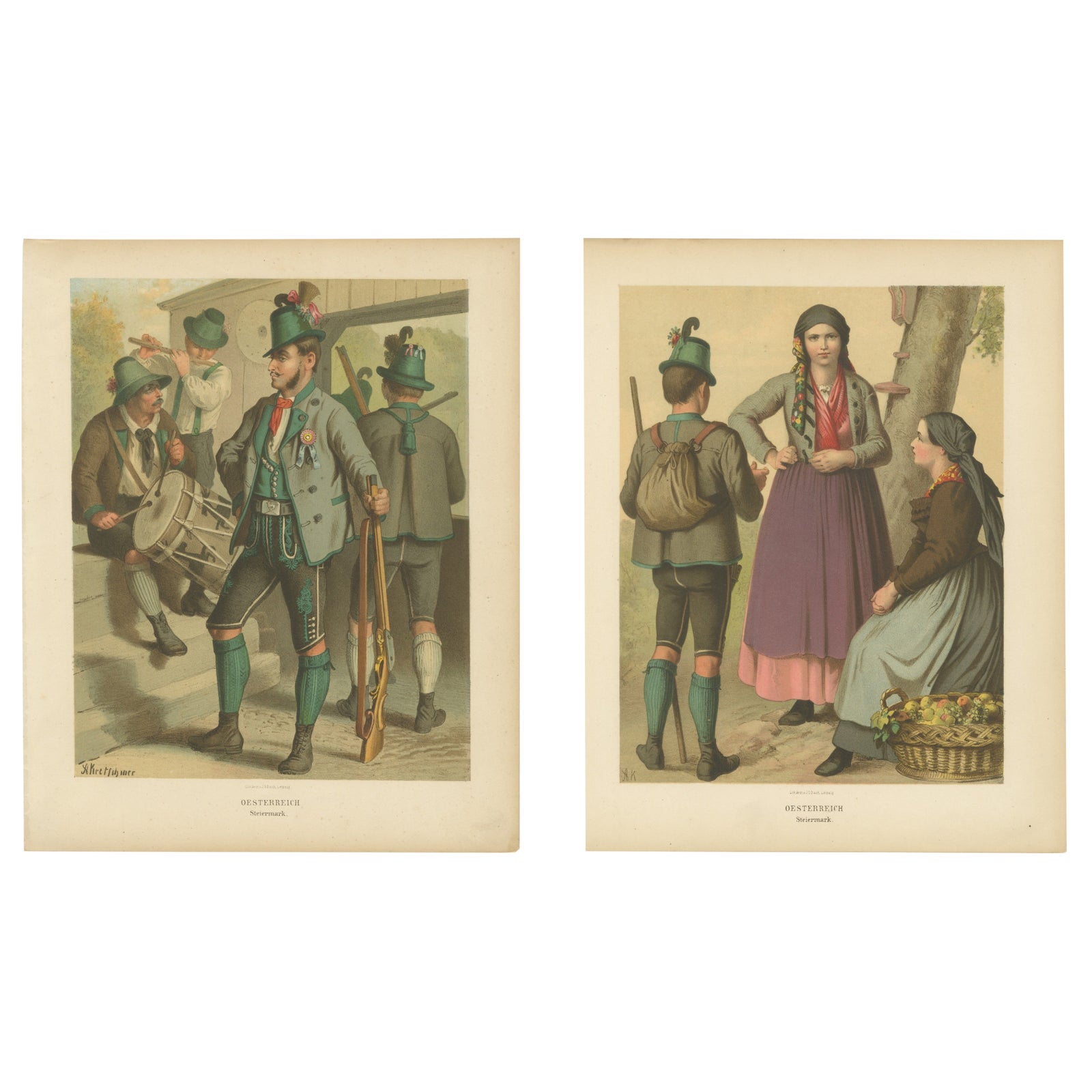 Austrian Folk Costume Prints, Styria, Elegant 19th-Century Pair, Austria