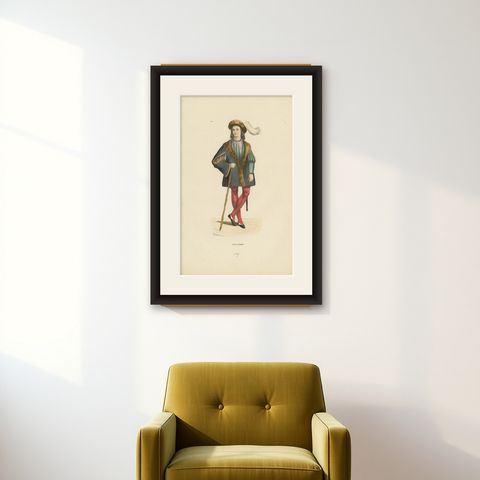 Youthful Elegance: A Young Gentleman's Attire in 'Costume du Moyen Âge', 1847, shown framed on a wall