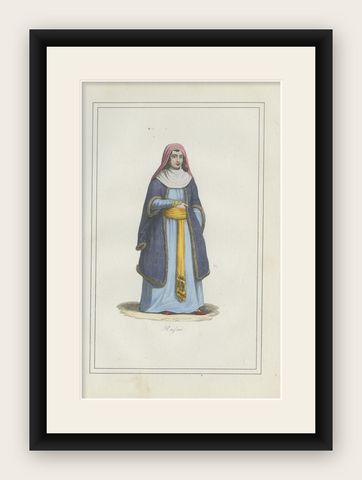 Russian Woman Costume Print, Antique Hand-Colored Lithograph, 1854, shown framed