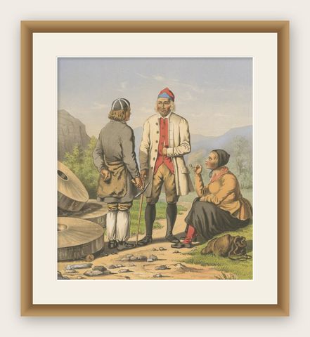 Selbu Regional Dress, Norwegian Folk Attire with Stone Quarry Scene, c.1860, shown framed