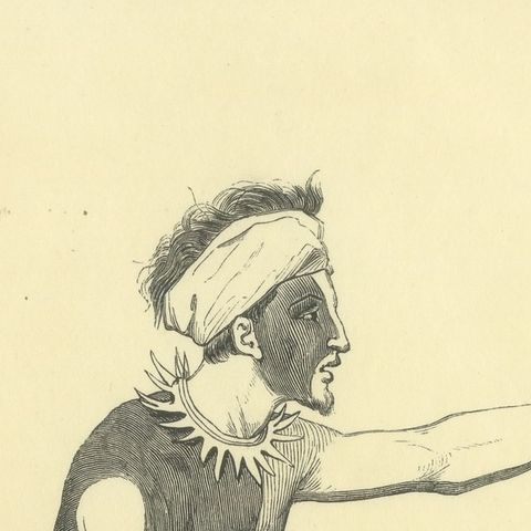 Warrior of Tonga Tabou, Antique Wahlen Costume Print, 1843-1844, close-up 2