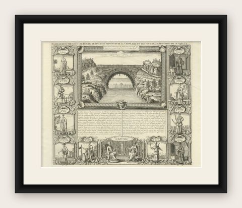 Antique China Costume & Xensi Bridge Engraving, Chatelain, 1719, shown framed