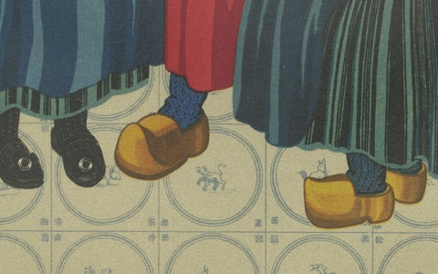 Dutch Folk Costume Print, Everyday Staphorst Dress with Children and Milkmaid, close-up 1