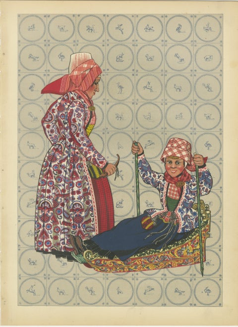 Girl on Hindeloopen Sleigh in Dutch Winter Dress, Hand-colored Lithograph - 1932, view 2