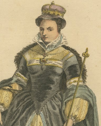 Habit of Queen Mary in 1554, Hand Colored Jefferys Costume Plate, 1757, close-up 1