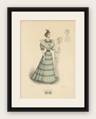 Victorian Day Elegance: Fashionable Gowns in Lithograph Published in 1889, shown framed