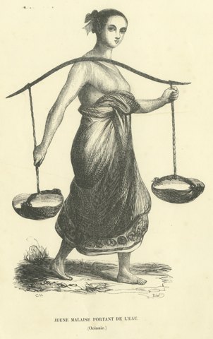 Young Malay Woman Carrying Water, Antique Wahlen Costume Print, 1843-1844