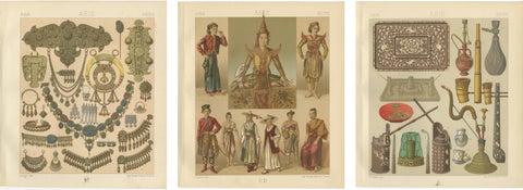 Asian Costume & Decorative Arts Lithographs, Hand Colored, Paris c.1888 Set of 3