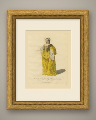 Lady of Quality of England in 1640, Yellow Satin Gown, Jefferys Print, 1757, shown framed