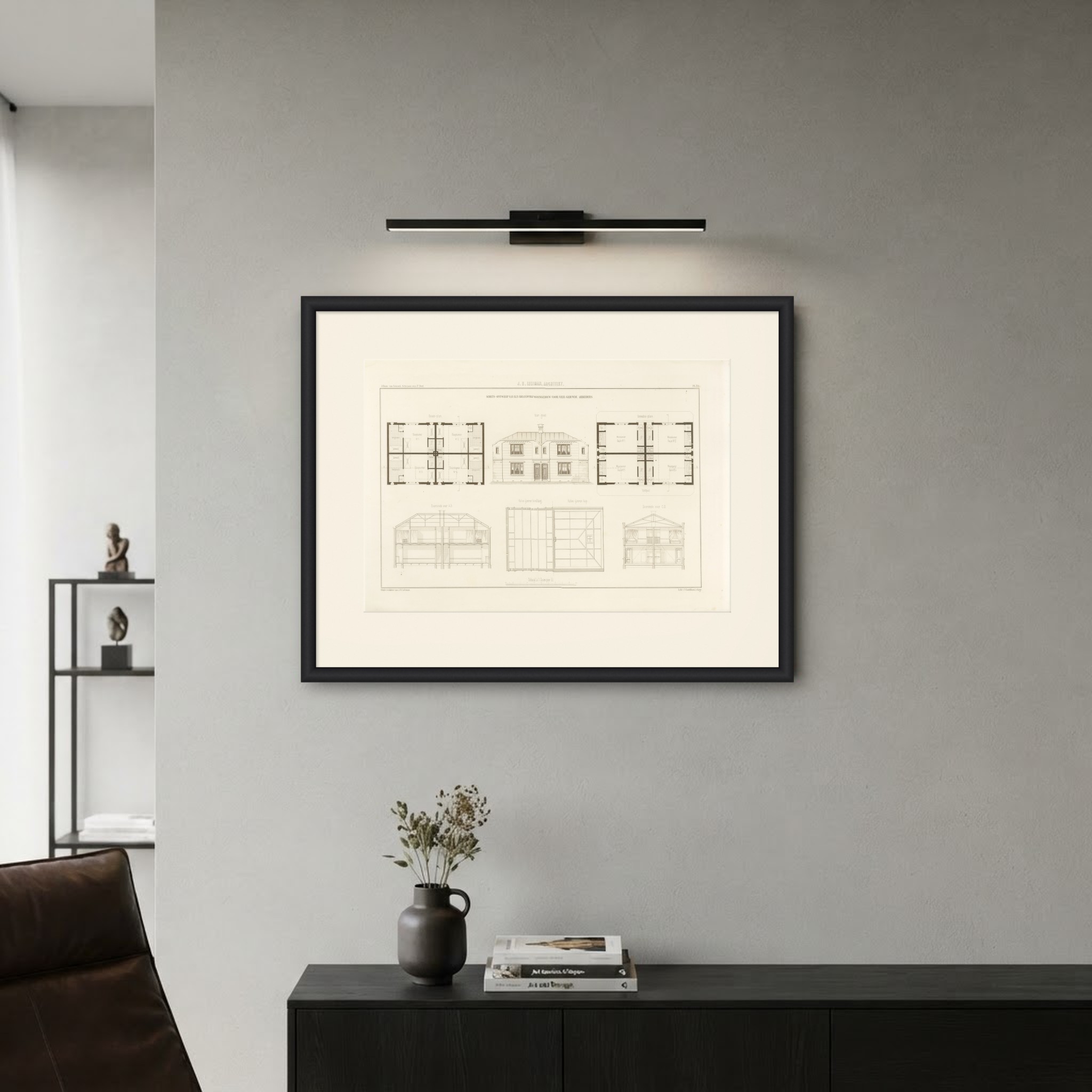 Fireproof Workers' Housing Design, Dutch Architecture Print, Leliman, 1865-1866, shown framed on a wall