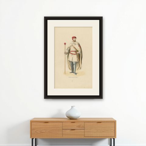 Templar in War Attire with Staff, Costume Di Moyen Age, 1847, shown framed on a wall
