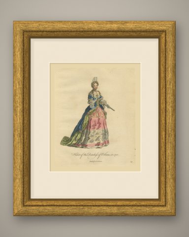 Duchess of Orléans in 1700 with a Fan, Hand Colored Jefferys Engraving, 1757, shown framed