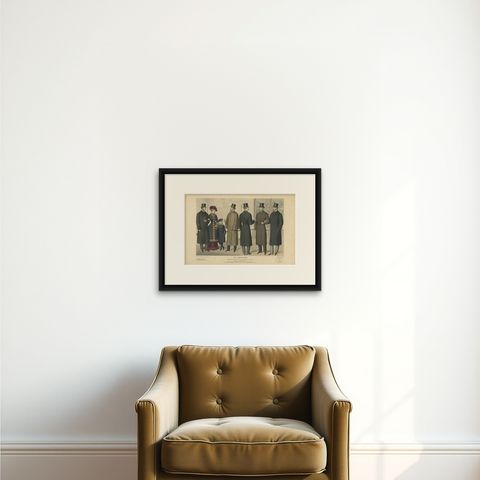 Hand-Colored Antique Fashion Print, Published in November, 1882, shown framed on a wall