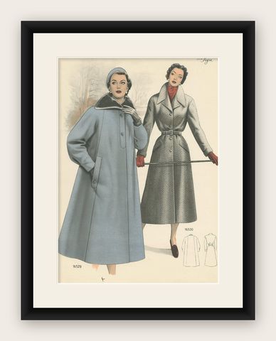 Antique Fashion Print 'Pl. 16529' published in Le Tailleur Moderne, 1954, shown framed