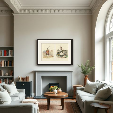 Papal Swiss Guard & Pioneer, Vatican Military Costumes, Polidori c.1820, shown framed in a room