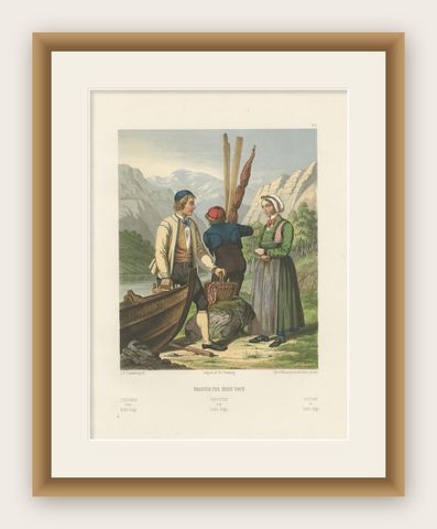 Norwegian Boatmen and Women in Sogn Costume, Scenic Folk Illustration, c.1860, shown framed
