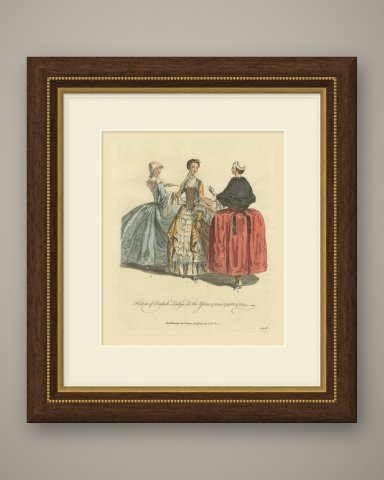 Three English Ladies of 1735, 1745 and 1755, Jefferys Costume Print, 1757, shown framed