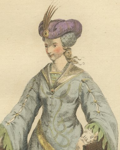 Countess of Holland and Zealand in 1200, Jefferys Costume Plate, 1757, close-up 1