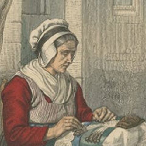 Antique Costume Print of a Lacemaker from Bruges, Flanders in Belgium, c.1880, close-up 1