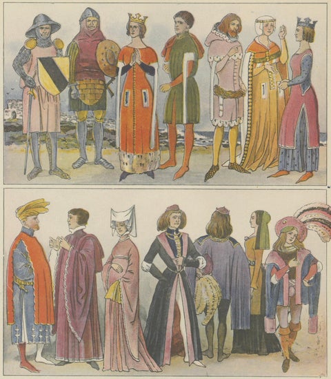 Great Britain 1300–1500 Costume Plate, Antique Hand-Colored Print, ca.1880, close-up 2