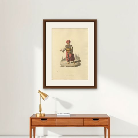 Antique Print of Mameluke of Egypt, the Military Costume of Turkey, 1818, shown framed on a wall