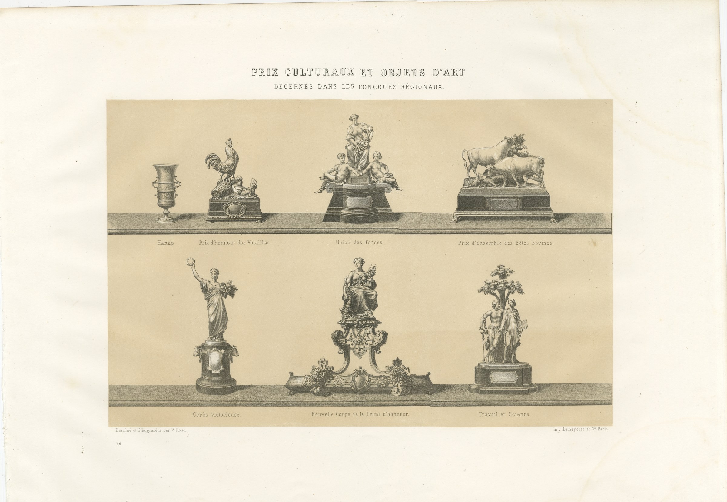 French Agricultural Show Trophies, Antique Silverware Print, 1873