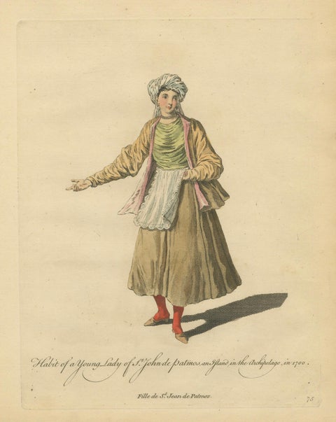 Antique Costume Print Young Lady of St John of Patmos Jefferys, 1749, close-up 1