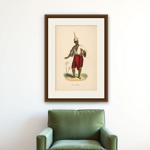 Antique Thai or Siamese Costume Print, Hand-Colored Engraving, 1854, shown framed on a wall