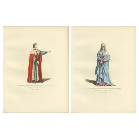 Set of 2 Antique Prints of a Nobleman and Noblewoman from Milan, 'circa 1860'