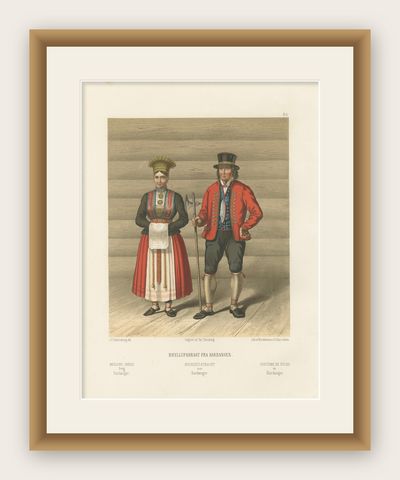 Norwegian Bride and Groom in Hardanger Dress, Antique Print, 1860s, shown framed