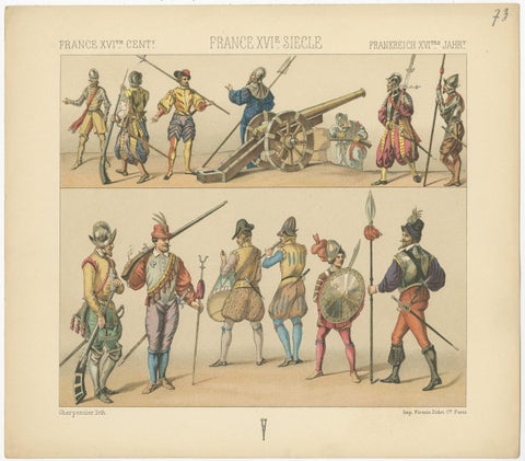 Pl. 73 Antique Print of French 16th Century Battle Costumes, Racinet, circa 1880, view 3