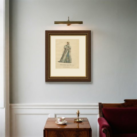 Bridal Habit of a Swiss Lady in 1577, Hand Colored Jefferys Costume Plate, 1757, shown framed on a wall