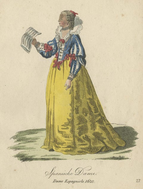 Original Colored Copper Engraving of a Lady from Spain in a 1620 Costume, 1805, close-up 1