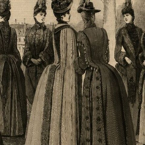 Large Antique French Fashion Plate, Winter Costumes Paris, c.1880, close-up 6