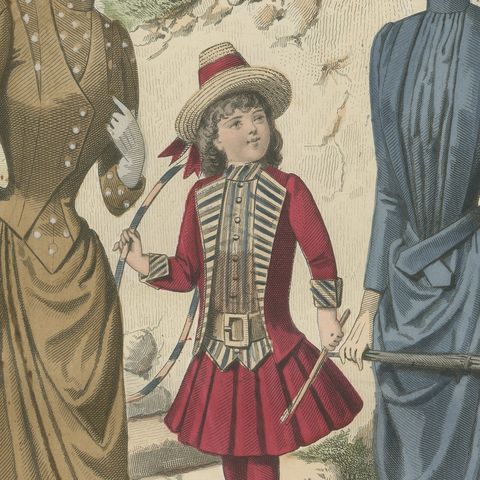 Antique French Fashion Plate, Ladies and Child in Park Scene, c.1880, close-up 2