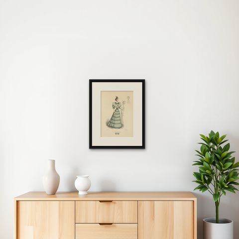 Victorian Day Elegance: Fashionable Gowns in Lithograph Published in 1889, shown framed on a wall