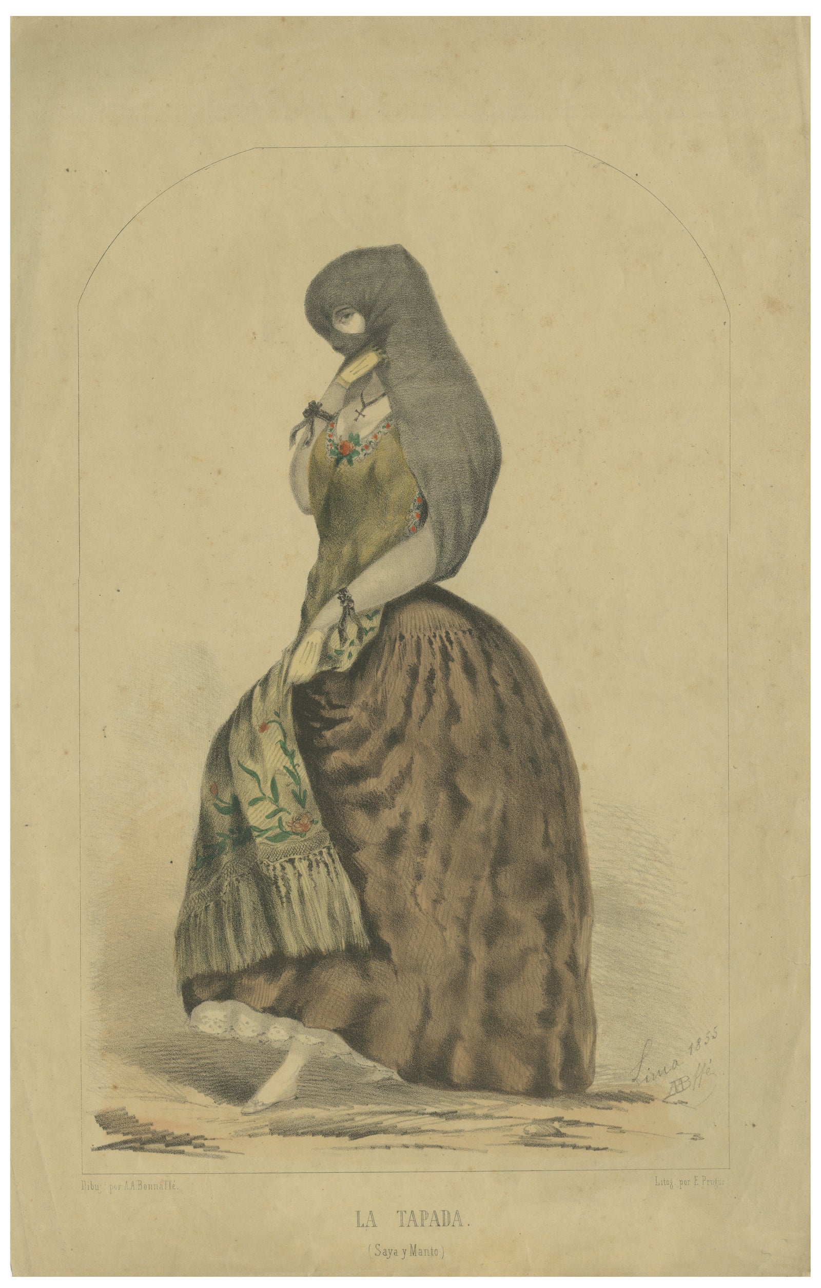 Original Antique Costume Print "La Tapada" of Lima, Peru by A.A. Bonnaffé, 1855