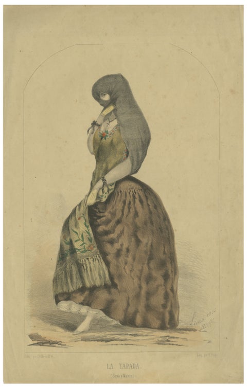 Original Antique Costume Print "La Tapada" of Lima, Peru by A.A. Bonnaffé, 1855