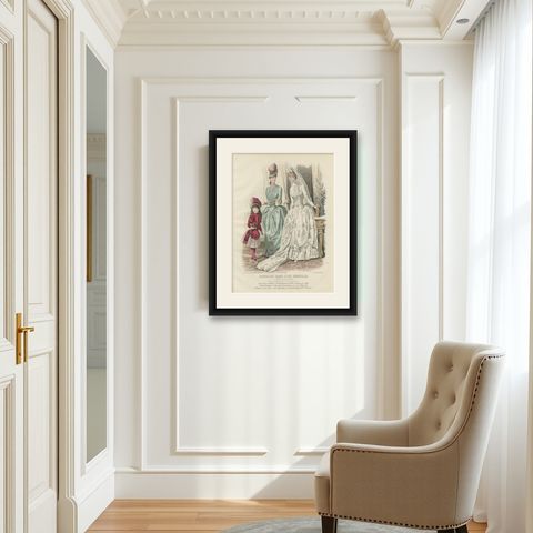 French Fashion Print, Bridal Scene with Ladies & Child, c.1887, shown framed in a room