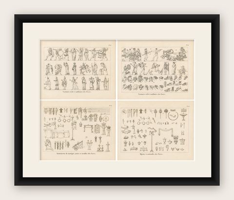 Set of Four Ancient Greek Costume, Arms and Decorative Arts Prints, 1825, shown framed