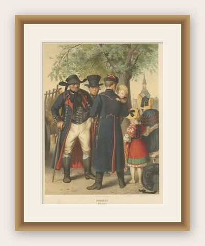Antique Costume Print of Traditional Attire of Pomerania: Weitzacker in 1870, shown framed