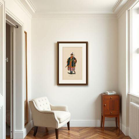 Chinese Infantry Soldier Costume Print, Hand-Colored Military Plate, 1854, shown framed in a room