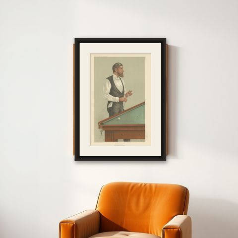 Elegance at Play: John Roberts Jr., Billiards Virtuoso, Vanity Fair 1885 by Spy, shown framed on a wall