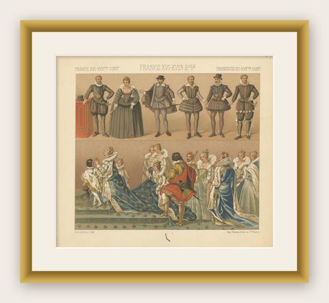 Pl. 84 Antique Print of French XVI-XVIIth Century Costumes by Racinet circa 1880, shown framed
