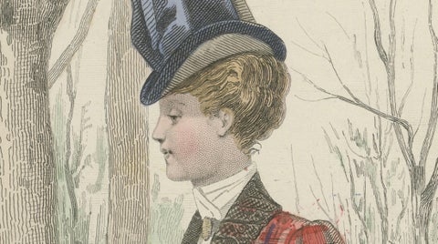 French Fashion Print, Tartan Dress & Child at Zoo, Hand-Colored, c.1887, close-up 4