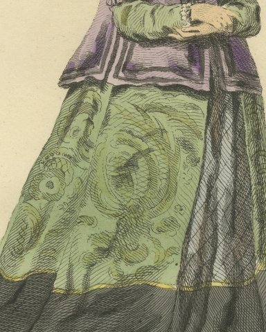 Noblewoman of Swabia in Purple Jacket and Green Skirt, Costume of 1581, 1757, close-up 2